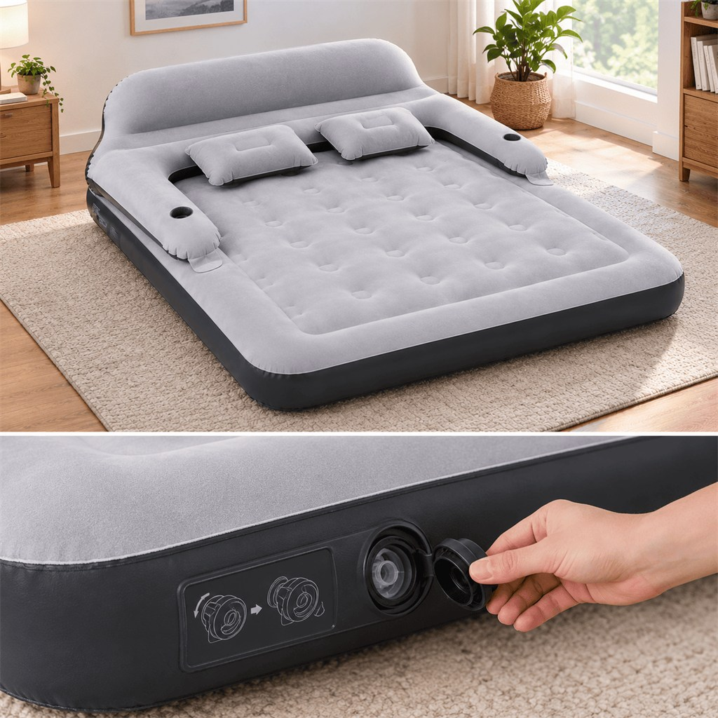 Colchón hinchable gris con respaldo y dos almohadas, y detalle de la válvula